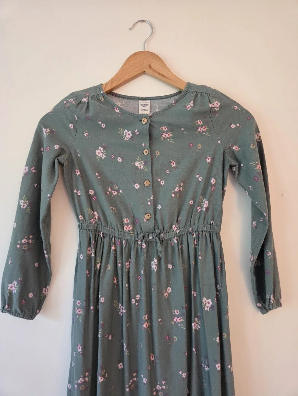 Osh Kosh B'Gosh Girls Olive Long Sleeved Cotton Floral Print Dress